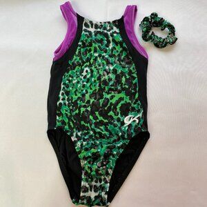 Child's GK Elite Green, Black, and Purple Animal Print Leotard Size Medium
